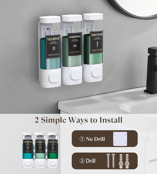 Detalle de Luxspire 3-Chamber Wall Mounted Shampoo & Conditioner Dispenser (No-Drill), White