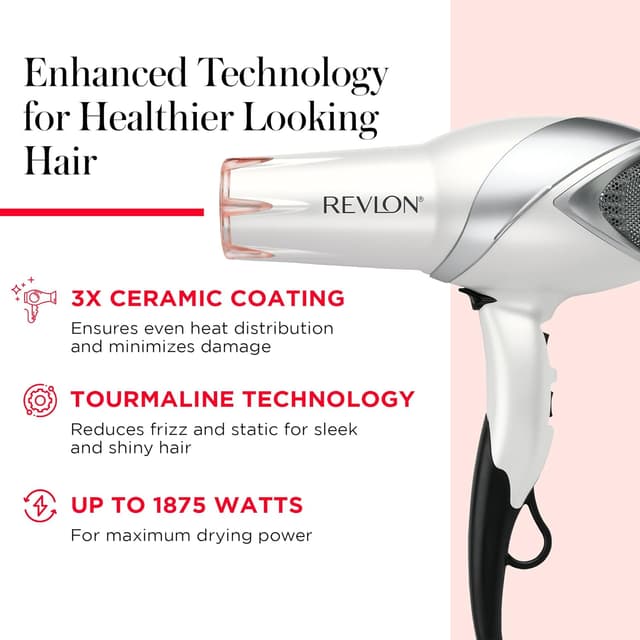 Detalle de Revlon Infrared Hair Dryer with Diffuser & Concentrator (Ionic Ceramic, 1875W) — Salon-Quality Blowout for Less Frizz (White)