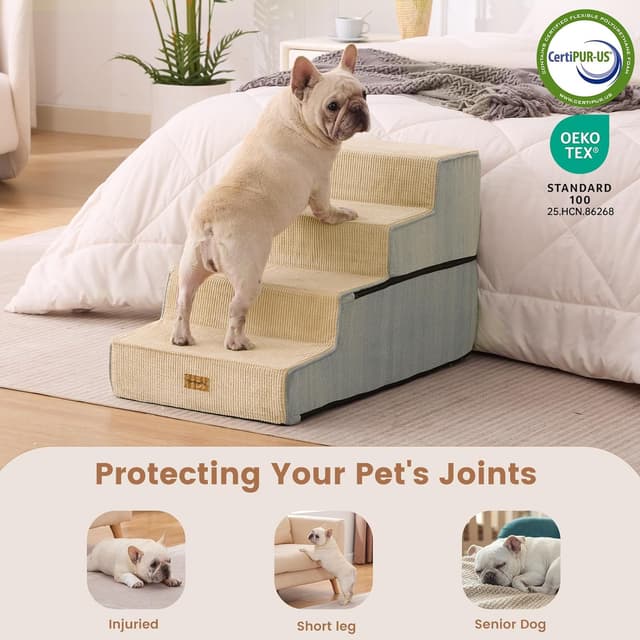 Detalle de Gardner Pet Dog Steps for Bed (47cm H) – 4-Step Extra Wide, Waterproof Ramp with Non-Slip Cover