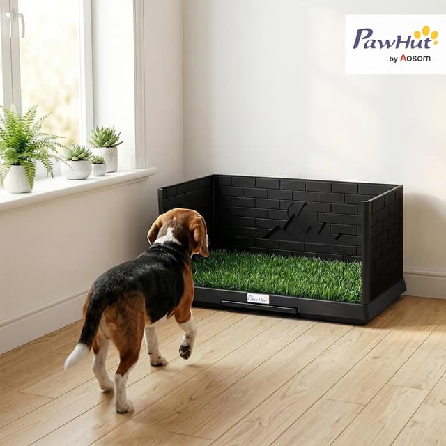 Detalle 2 de PawHut Toilette pour chien avec gazon artificiel, parois hautes et plateau coulissant (75x51x36,5 cm) – Noir