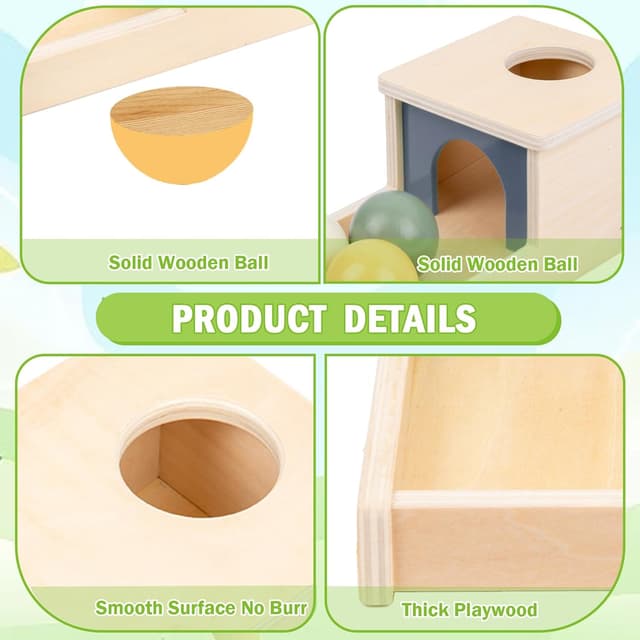 Detalle 2 de Adena Montessori Wooden Object Permanence Box for 6–12 Month Baby (3 Balls, Tray) — Morandi Color Learning Toy