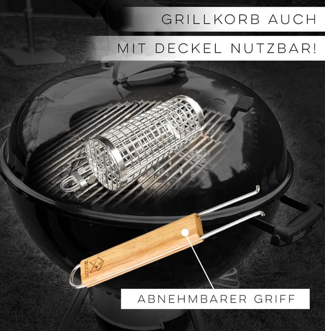 Detalle de EdelKüche Premium Grillkorb aus Edelstahl (XXL, rund, zylindrisch) – abnehmbarer Griff