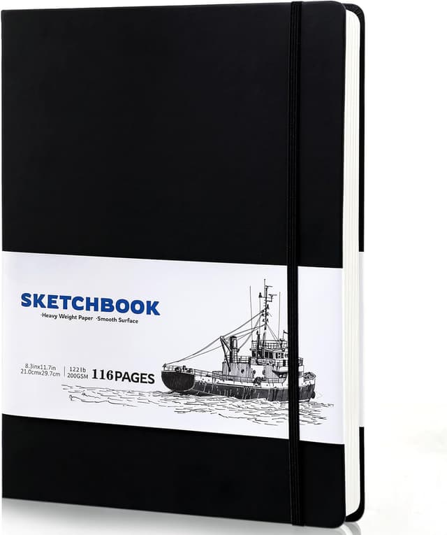 Detalle de A4 Sketchbook 58 Sheets (116 pages) with 200GSM Thick Paper – Black Hardback Drawing Pad, 21 x 29.7 cm