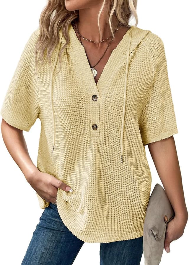 Detalle de Dokotoo Women’s Waffle Knit Short Sleeve Hoodies (Drawstring, V-Neck, Button Front)