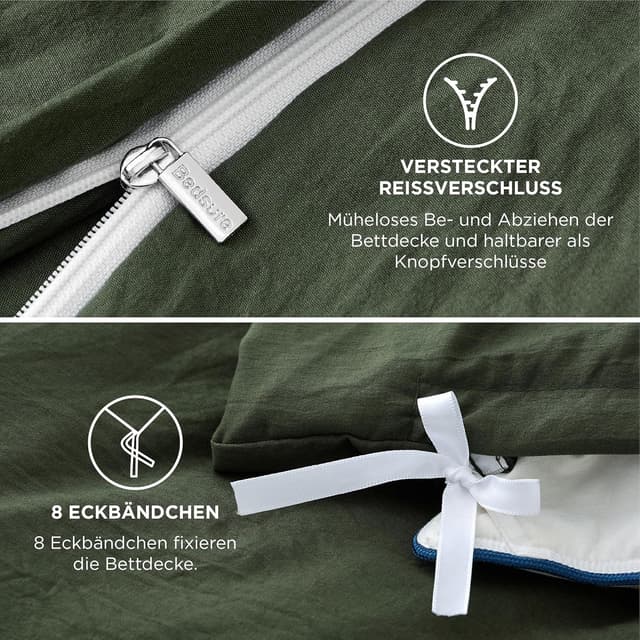 Detalle de BEDSURE Bettwäsche-Set 200x220 (3-teilig) in Olivgrün mit Reißverschluss, 2 Kissenbezüge 80x80, Oeko-Tex
