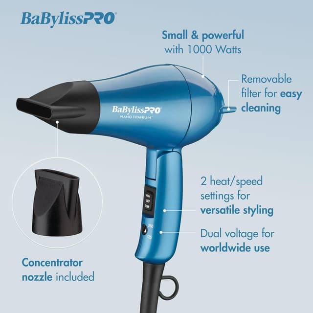 Detalle de BaBylissPRO Nano Titanium Travel Hair Dryer (1000W) with Concentrator Nozzle, Foldable Handle, Dual Voltage