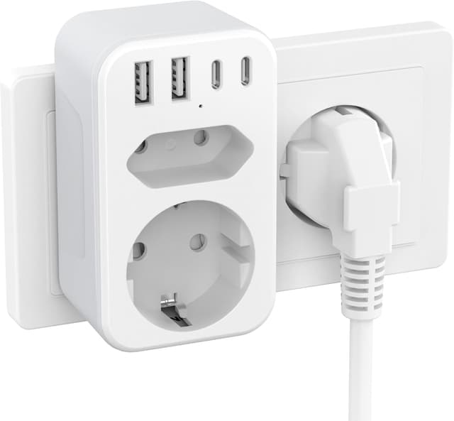 Detalle de JSVER Multi-Socket Power Strip 3680W con 1 presa Schuko, 1 presa europea e 4 porte USB (2×USB-A + 2×USB-C), bianco