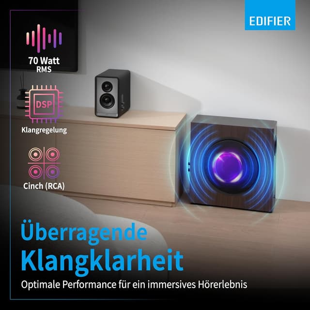 Detalle de Edifier T5s Aktiv-Subwoofer mit 8‑Zoll‑Tieftöner, 70 Watt RMS und Low‑Pass‑Filter bis 35 Hz