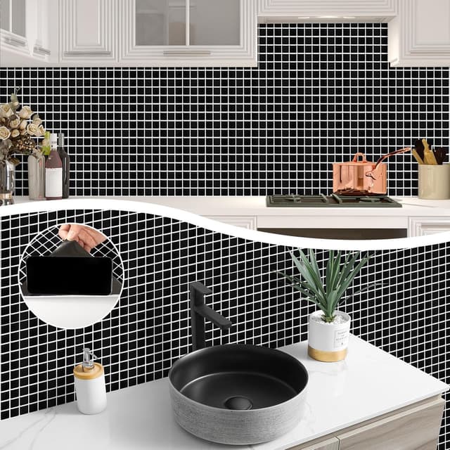 Detalle de Hode crédence adhésive noire effet mosaïque PVC imperméable (4 pièces, 23,6 x 23,6 cm)