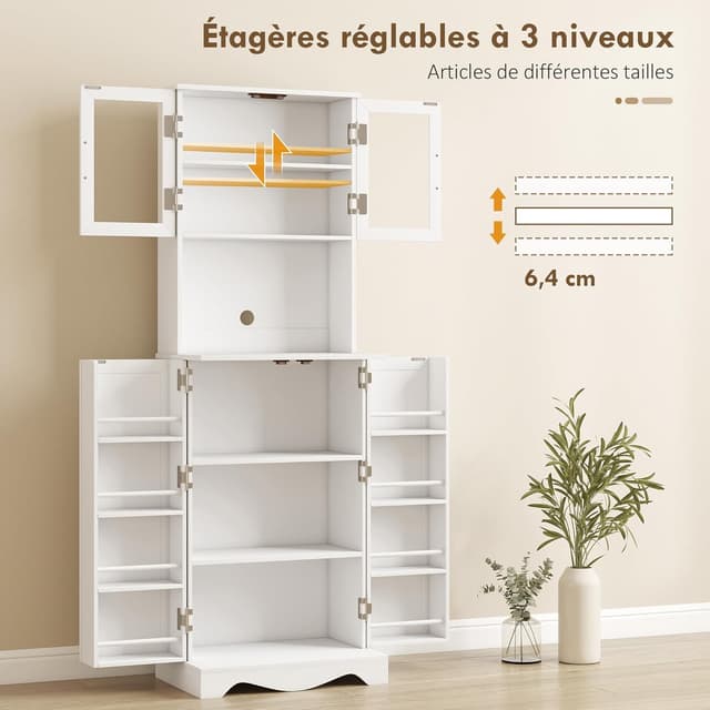 Detalle de HOMCOM buffet haut pour cuisine avec vitrine, plan de travail et 4 portes (60 x 39,5 x 179,6 cm) blanc