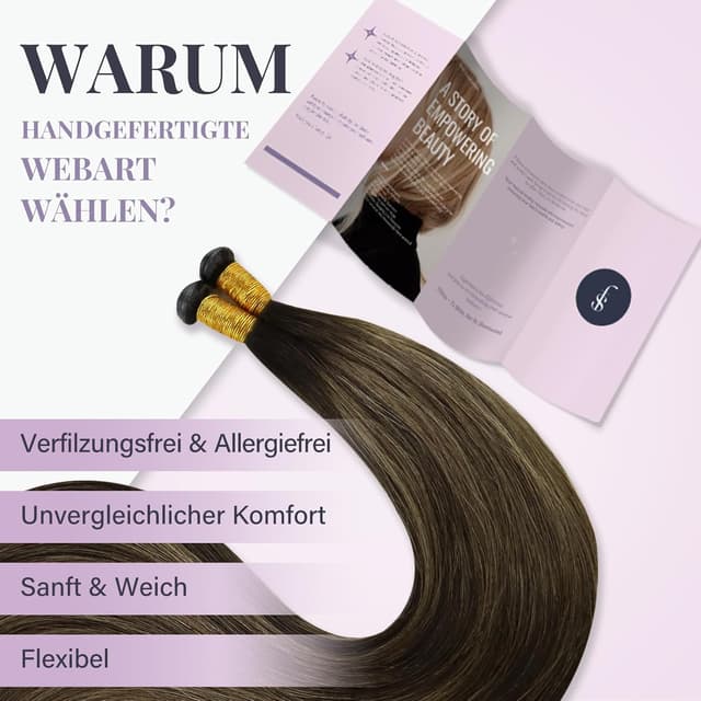 Detalle de Fshine Genie Weft Extensions aus Remy Echthaar – Balayage Dunkelbraun bis Kastanienbraun, 60 cm / 60 g (Echthaar Tressen)