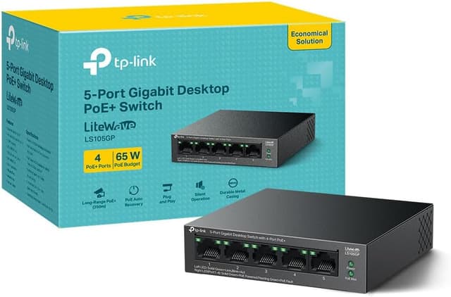 Detalle de TP-Link LS105GP 5-Port Gigabit PoE+ Switch (4x PoE+) with 65W total power budget