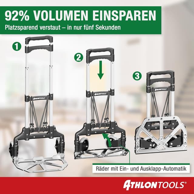 Detalle de ATHLON TOOLS Aluminium Transportkarre klappbar mit langem Teleskopgriff (110 cm) – TÜV geprüft