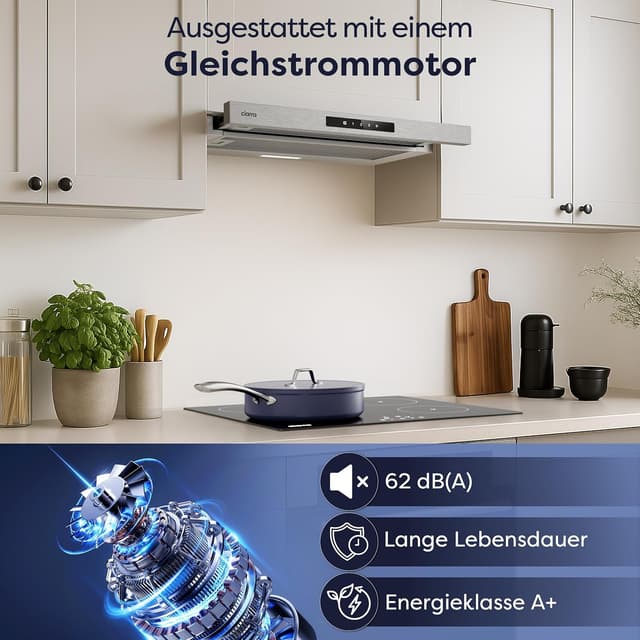 Detalle de CIARRA CBCS6909A A+ Flachschirmhaube für Umluft/Abluft, 60 cm, Touch-Bedienung, bis 600 m³/h