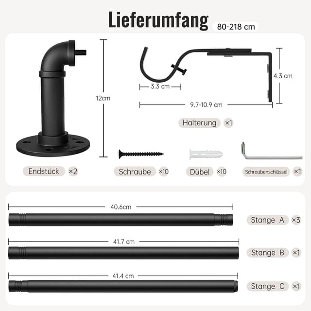 Detalle de DEFYNEE Gardinenstange Schwarz (80 bis 218 cm) – ausziehbare Industrial-Stange für Deckenmontage