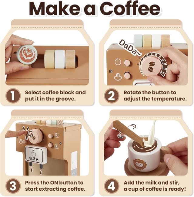 Detalle 2 de BUYGER Kids Wooden Coffee Machine Toy – Pretend Coffee Playset for Ages 3–5