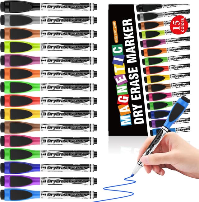 Detalle de Autoau 15 pack Whiteboard Markers (15 colours) with magnetic caps and eraser