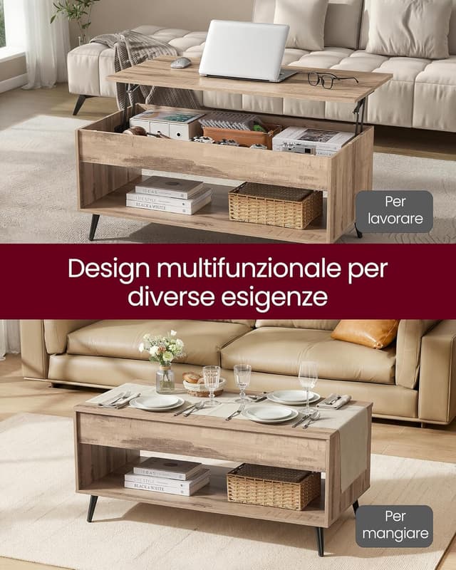 Detalle de VASAGLE LCT267LB01 tavolino da salotto con piano sollevabile a molla a gas, vano nascosto e ripiano aperto