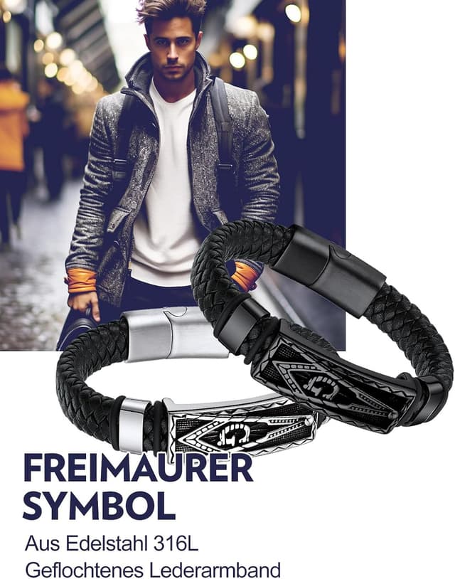 Thumbnail 6 de Bandmax Herren-Lederarmband „Mjölnir/Totenkopf/Freimaurerei“ mit Magnetverschluss – personalisierbares Wikinger-Armband
