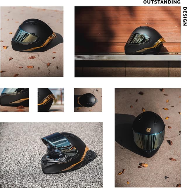 Detalle de HAX Obsidian Full Face Dual Visor Adult Motorcycle Helmet (Pinlock Ready, DOT Approved) — Matte Black Gold, Size L