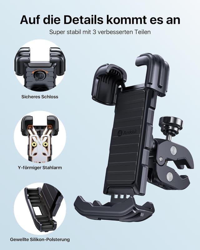 Detalle 2 de andobil Handyhalterung Fahrrad (Diebstahlschutz, 360° Drehbar) für iPhone 17/16/15/14/13 Pro Max
