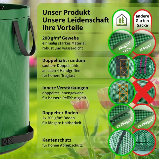 Detalle de TTL Garden SUPER SOLID 2er Set Gartensack 2x 500 L (doppelter Boden, 4 Griffe) grün