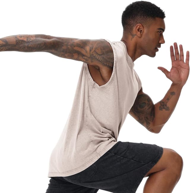 Detalle de Herren Kurzarm Sommer ärmelloses Fitness-Shirt „Washed“ aus Baumwolle – Muskelshirt fürs Training