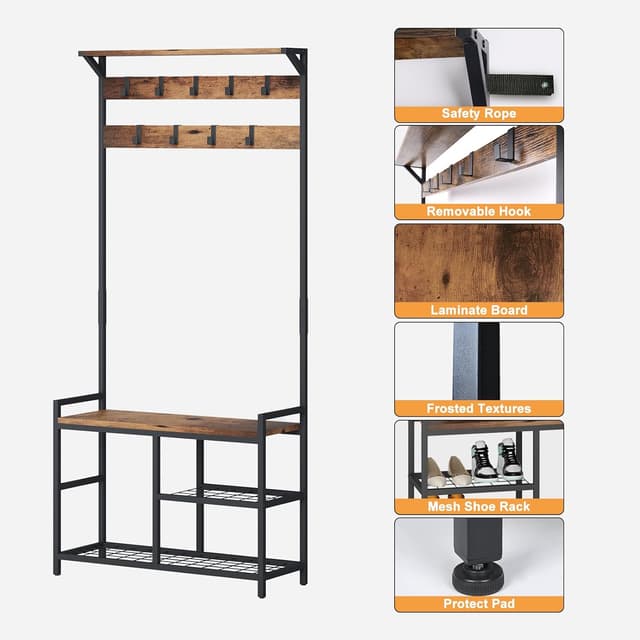 Detalle 2 de Industrial Hallway Coat Stand 9 Hooks