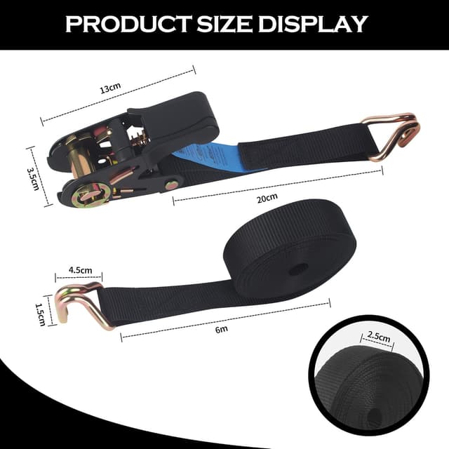 Detalle 2 de Spanngurte mit Ratsche-Set (4 Stück) – 6 m x 25 mm, schwarz, zum Sichern von Ladungen auf Auto, Anhänger und Fahrradträgern