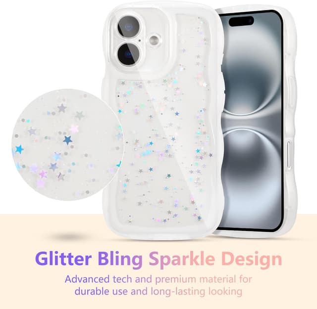 Detalle 2 de ZTOFERA Handyhülle für iPhone 16 Plus – weiche transparente TPU-Hülle mit Wellenrahmen und Sternen