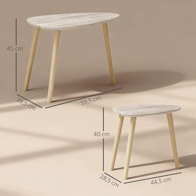 Detalle de HOMCOM lot de 2 tables basses gigognes design scandinave pieds en bois et plateaux en bois