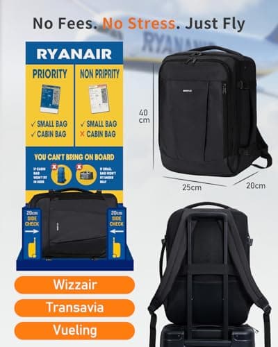 Detalle 2 de ECOHUB Mochila de viaje de cabina para Ryanair (40x30x20) 24L, con 13 compartimentos y tejido PET reciclado