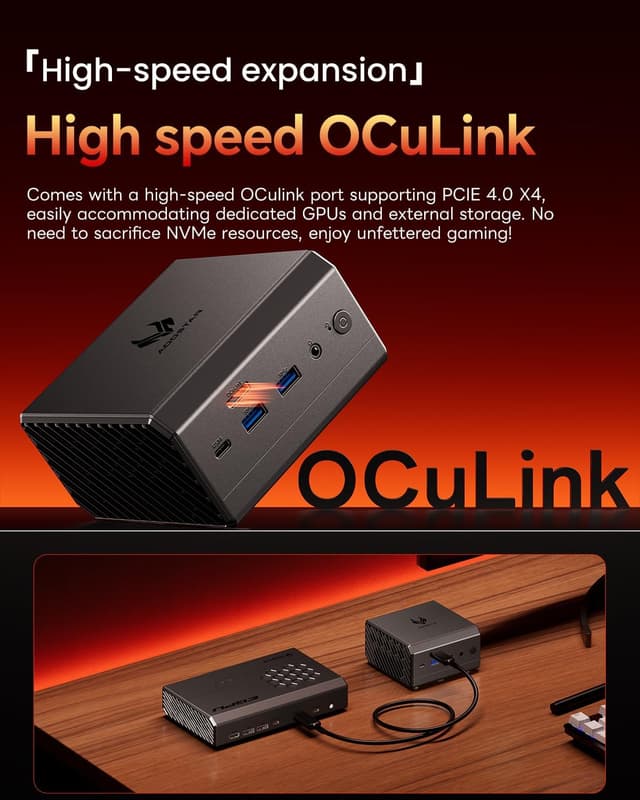 Detalle de AOOSTAR GT68 Mini PC mit Ryzen 7 PRO 6850H, 16 GB LPDDR5 und 1 TB SSD – Triple-Display & USB4/OCuLink