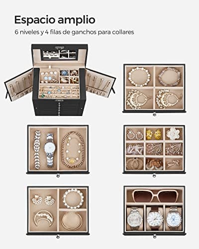 Detalle de SONGMICS JBC152B01 caja joyero de 6 niveles con espejo y cerradura (negro)