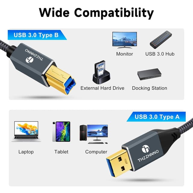 Detalle 1 de Thzzhnno USB 3.0 A to USB B Cable 2M
