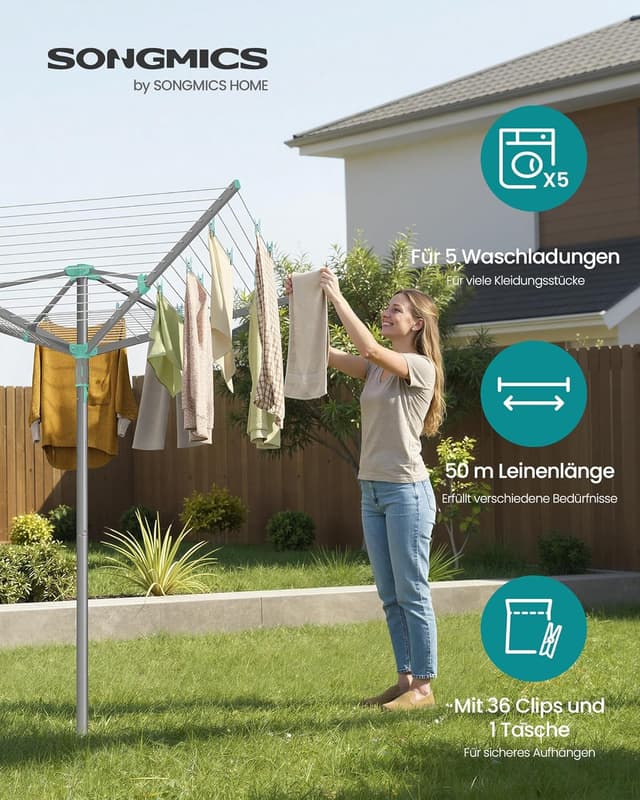 Detalle 2 de SONGMICS Wäschespinne LLR307EZ01 mit 50 m Wäscheleine, drehbar & klappbar – für draußen mit Schutzhülle
