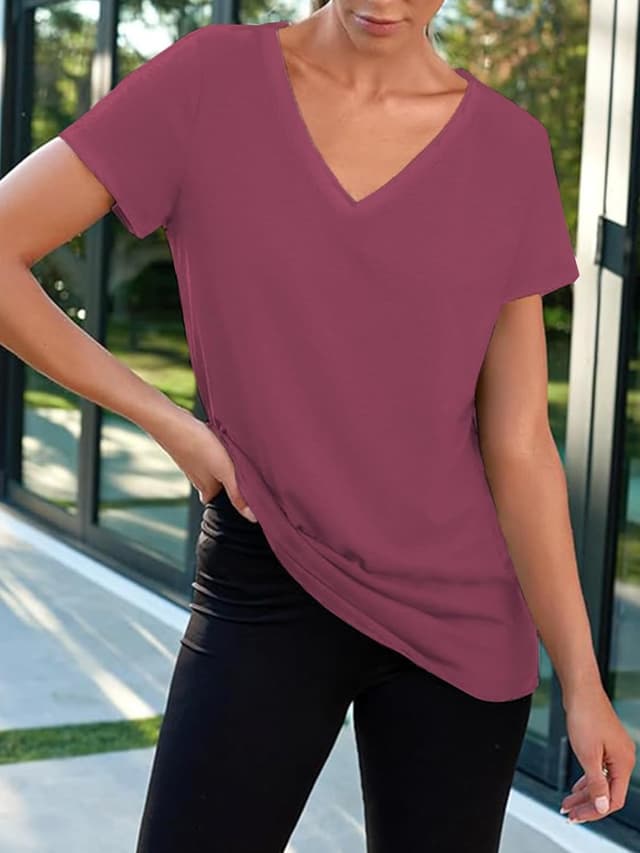 Detalle de Cuptacc Damen-T-Shirt mit V-Ausschnitt, kurzarm, einfarbig – Basic für Sommer & Alltag