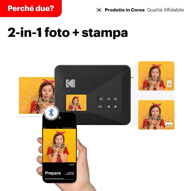 Detalle de KODAK Mini Shot 3 Retro: fotocamera istantanea con stampante fotografica 2-in-1 (bianca), 38 fogli, formato 7,6×7,6 cm