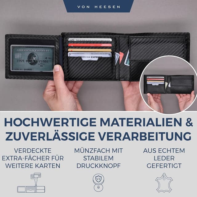 Detalle 2 de VON HEESEN Geldbörse Herren RFID Schutz Carbon Schwarz Wallet