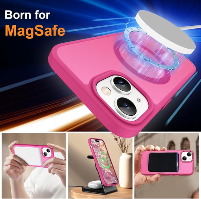 Detalle de ORETECH Magnetische Hülle für iPhone 15 Plus (Mag-Safe) mit 2 Displayschutzfolien & 1 Kameraschutz – stoßfest, transluzente Rückseite in Hot Pink