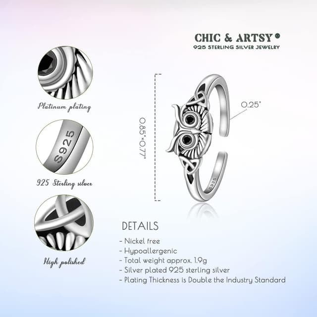 Detalle de CHIC & ARTSY Nachteulen-Ring aus 925er Sterlingsilber – offener verstellbarer Eulenring für Damen
