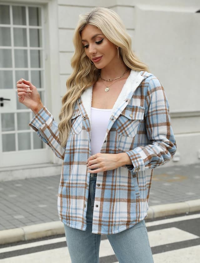 Detalle de Zeagoo Womens Plaid Shacket Hooded Jacket S-2XL