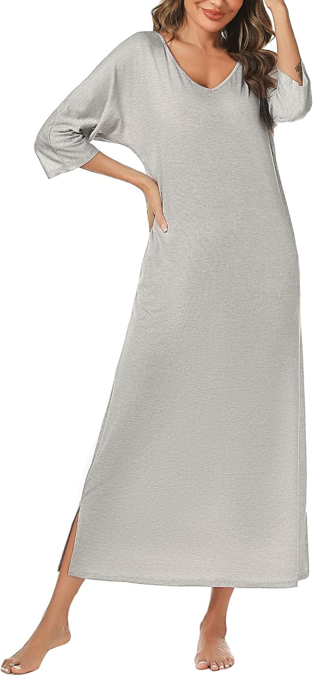 Detalle de Uniexcosm chemise de nuit femme longue en coton (95 % coton, col en V, poches latérales)