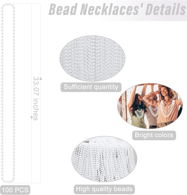 Detalle de EOBOH Beaded Necklace (100PCS) White Mardi Gras Beads, 33" Party Throw Favor