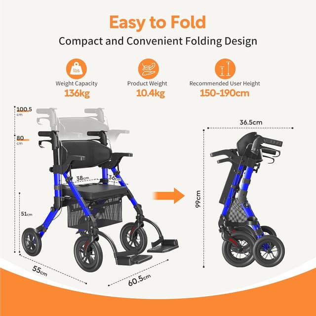 Detalle de VOCIC Déambulateur fauteuil roulant 2 en 1 en aluminium réglable (bleu) – 5 ans de garantie