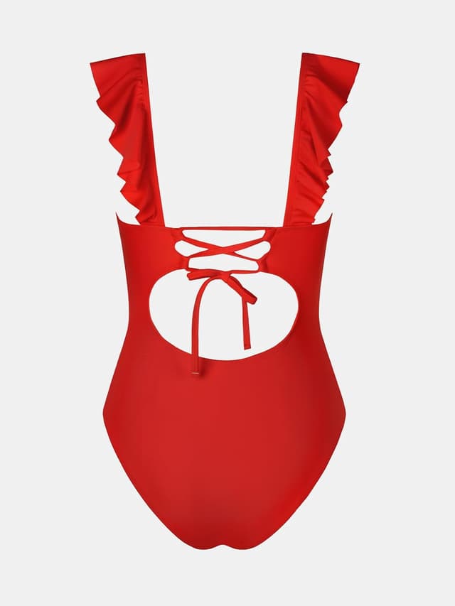 Detalle de CUPSHE women’s tummy control one-piece swimsuit with ruffle & back tie (floral print)