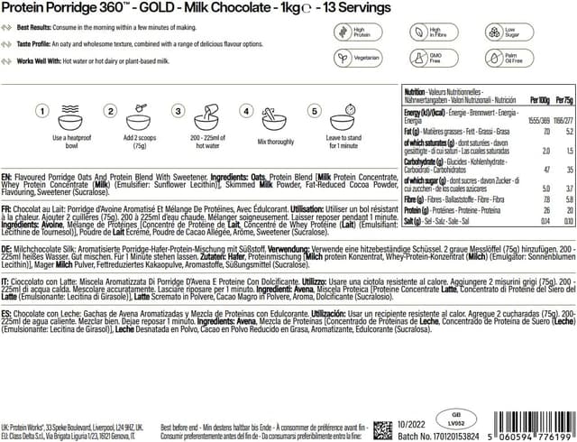 Detalle de Protein Works Protein Porridge 360 – GOLD Innovation (1 kg, Milchschokolade, 13 Portionen)