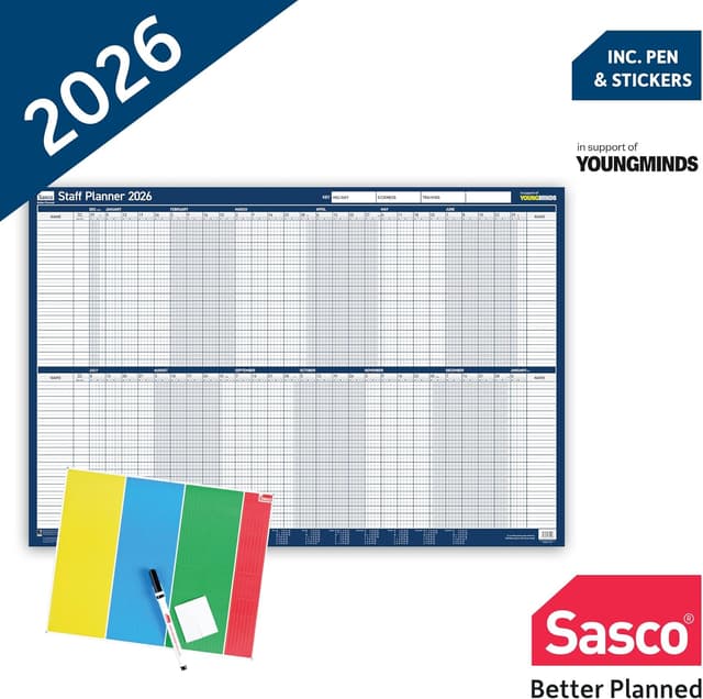 Detalle de Sasco 2026 Staff Year Wall Planner (Poster Style) with Wet Wipe Pen & Sticker Kit – Blue, 91.5x61cm