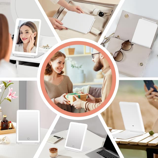 Detalle de FUNTOUCH Kosmetikspiegel mit Beleuchtung (2000 mAh) – faltbarer Reise-Make-up-Spiegel mit 3 Farblichtern