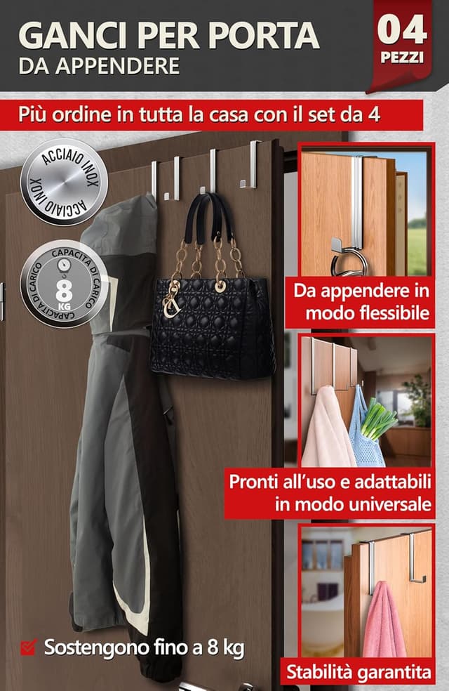 Detalle de 4smile Appendiabiti da porta in argento, set da 4 ganci in acciaio inox con fissaggio flessibile